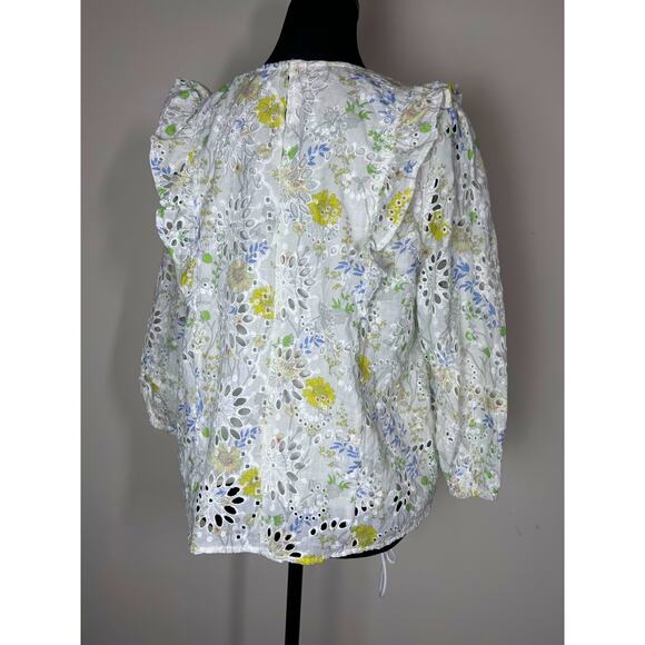 Greylin Piper Eyelet Lace Blouse Size M Ivory Yellow Floral Cotton Long Sleeve - Picture 2 of 6